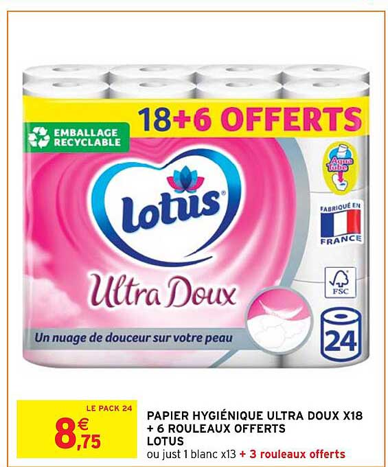 papier hygiénique ultra doux x18 + 6 rouleaux offerts lotus
