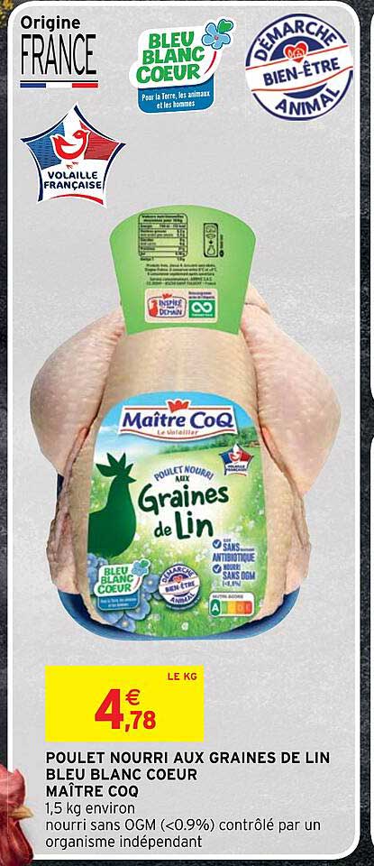 poulet nourri aux graines de lin bleu blanc cœur maître coq