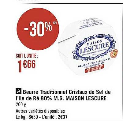 beurre traditionnel cristaux de sel de l'île de ré 80% m.g. maison lescure