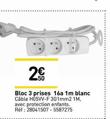 bloc 3 prises 16a 1m blanc