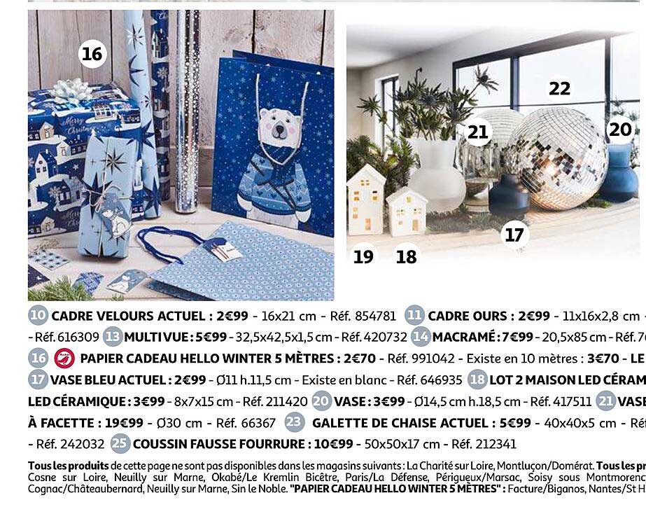 cadre velours actuel, cadre ours, multivue, macramé, papier cadeau hello winter 5 mètre, vase bleu actuel, lot de 2 maison led céramique, vase, galette de chaise actuel, coussin fausse fourrure