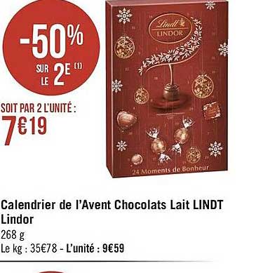 calendrier de l'avent chocolat lait lindt lindor