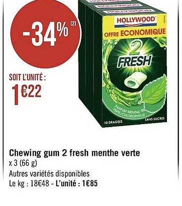 Chewing Gum 2 Fresh Menthe Verte