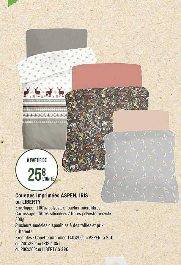 couettes imprimées aspen, iris ou liberty