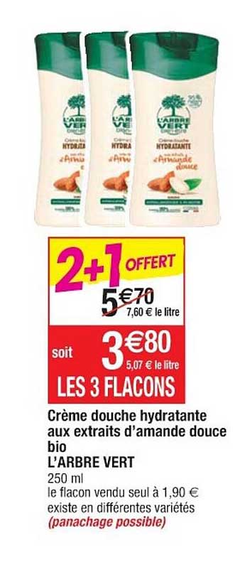 crème douche hydratante aux extraits d'amande douce bio l'arbre vert