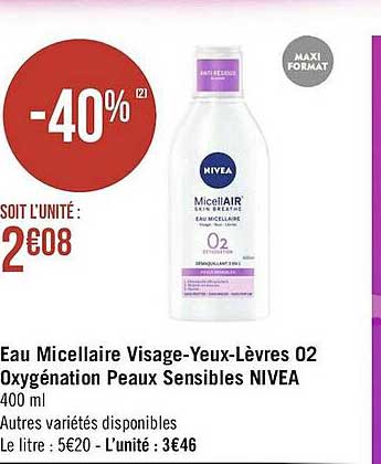 eau micellaire visage-yeux-lèvres 02 oxygénation peaux sensibles nivea