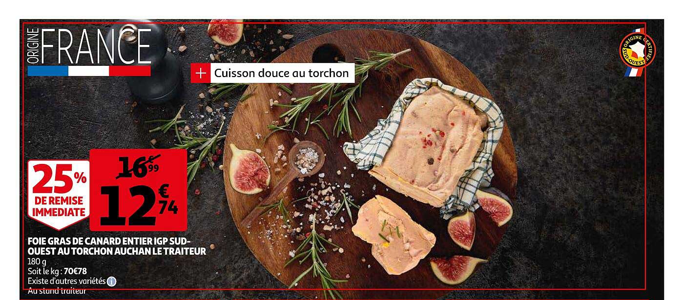 foie gras de canard entier igp sud-ouest au torchon auchan le traiteur