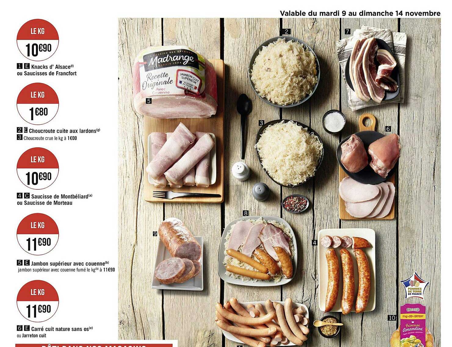 kancks d'alsace ou saucisses de francfort, choucroute cuite aux lardons, saucisse de montbélaird ou saucisse de morteau, jambon supérieur avec couenne, carré cuit nature sans os au jarreton cuit