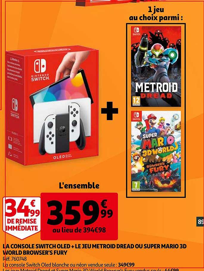 la console switch oled + le jeu metroid dread ou super mario 3d world browser's fury