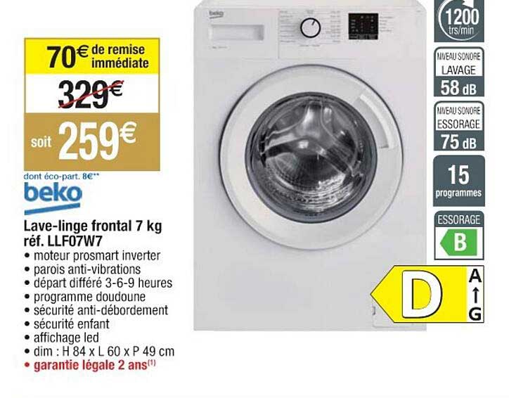lave-linge frontal 7 kg beko réf. llf07w7