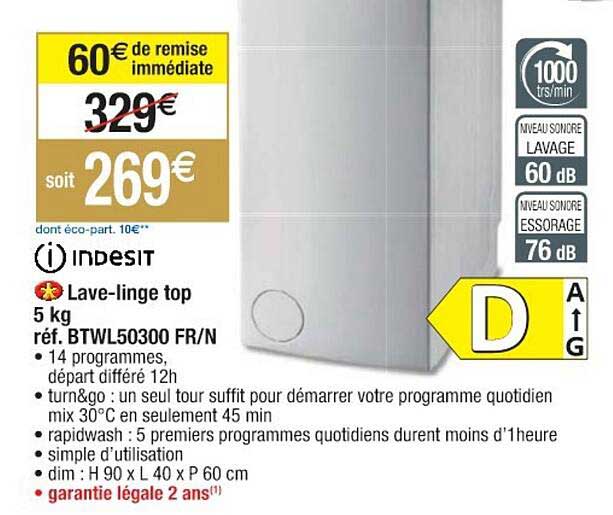 lave-linge top 5 kg indesit réf. btwl50300 fr-n