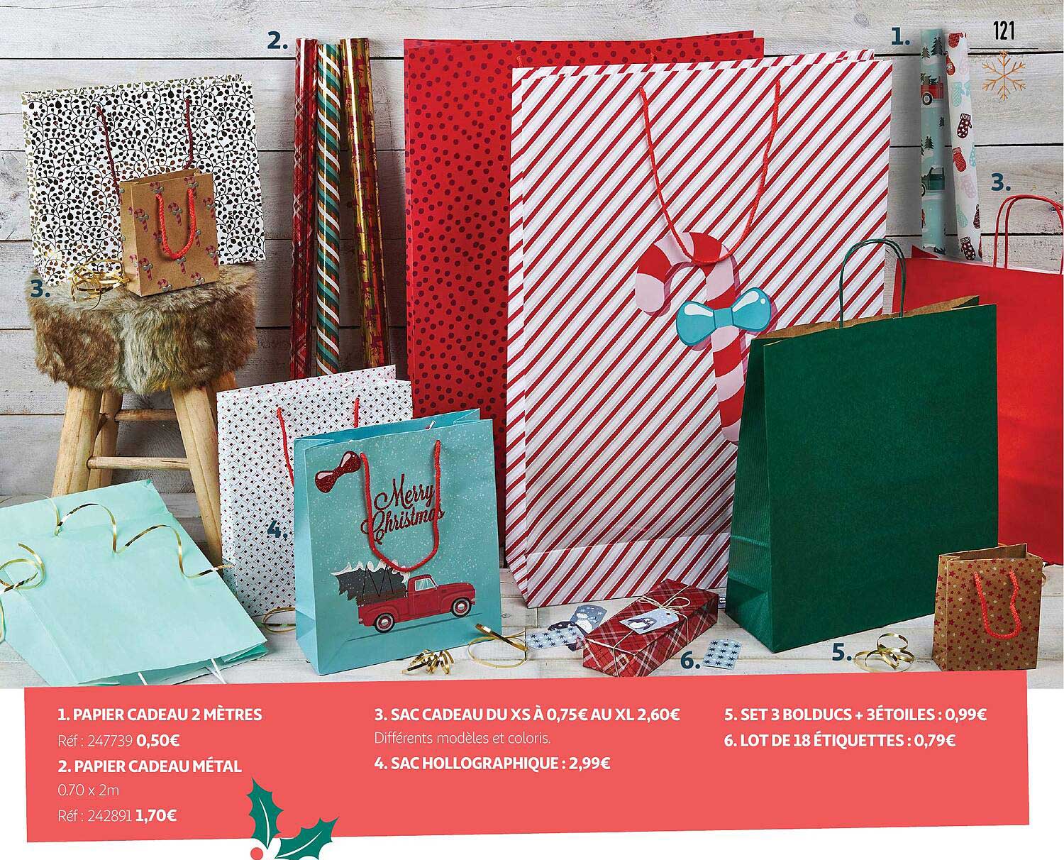 papier cadeau 2 mètres, papier cadeau métal, sac cadeau du xs, sac hollographique, set 3 bolducs + 3 étoiles, lot de 18 étiquettes