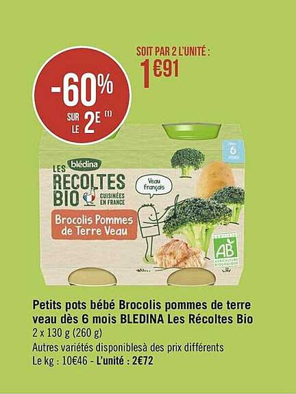petits pots bébé brocolis pommes de terre veau dès 6 mois blédina les récoltes bio