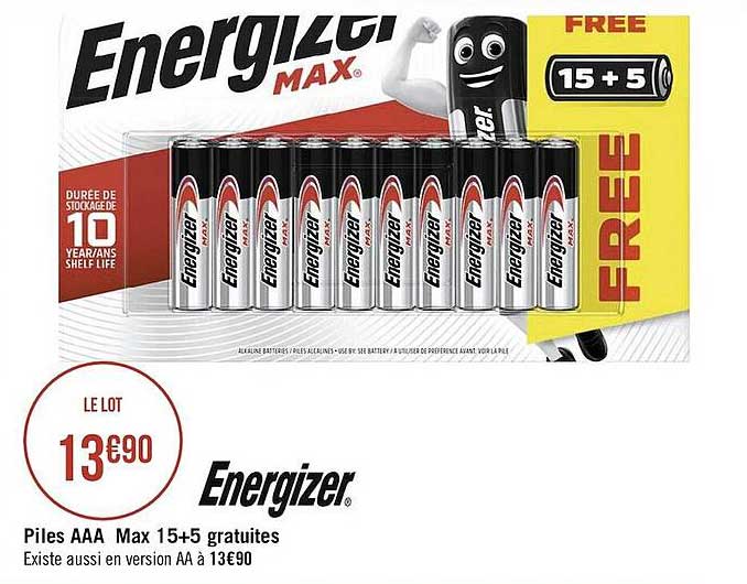 piles aaa max 15+5 gratuites energizer