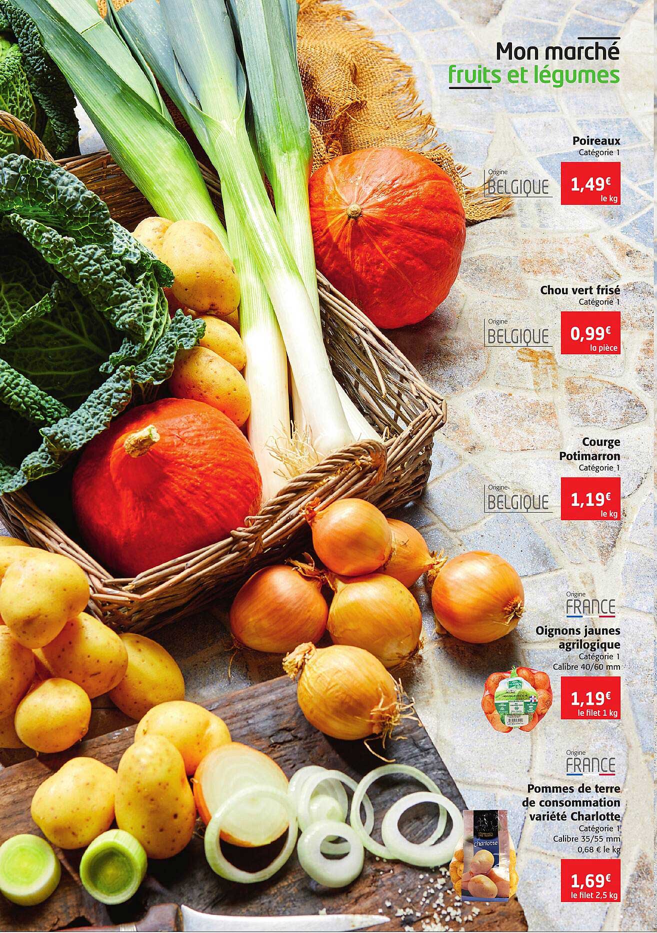 poireaux, chou vert frisé, courge potimarron, oignons jaunes agrilogique, pommes de terre de consommation variété charlotte