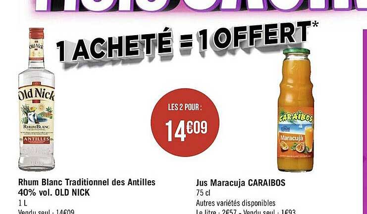 rhum blanc traditionnel des antilles 40% vol. old nick, jus maracuja caraibos