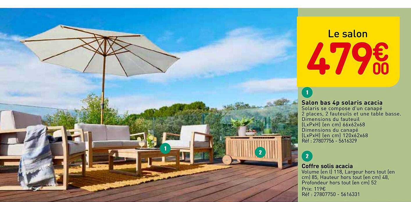 salon bas 4p solaris acacia, coffre solis acacia