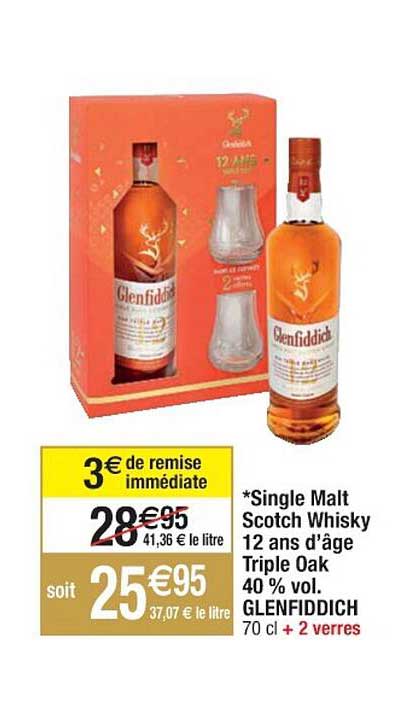 single malt scotch wshisky 12 ans d'âge triple oak 40% vol. glenfiddich