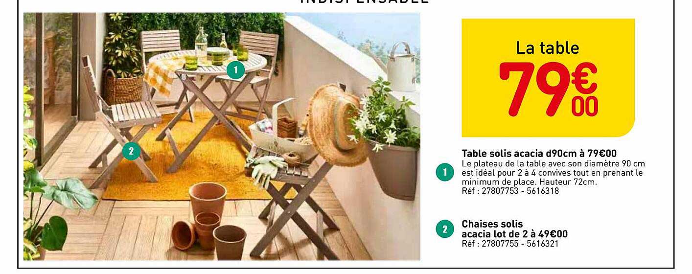 table solis acacia d90 cm, chaises solis