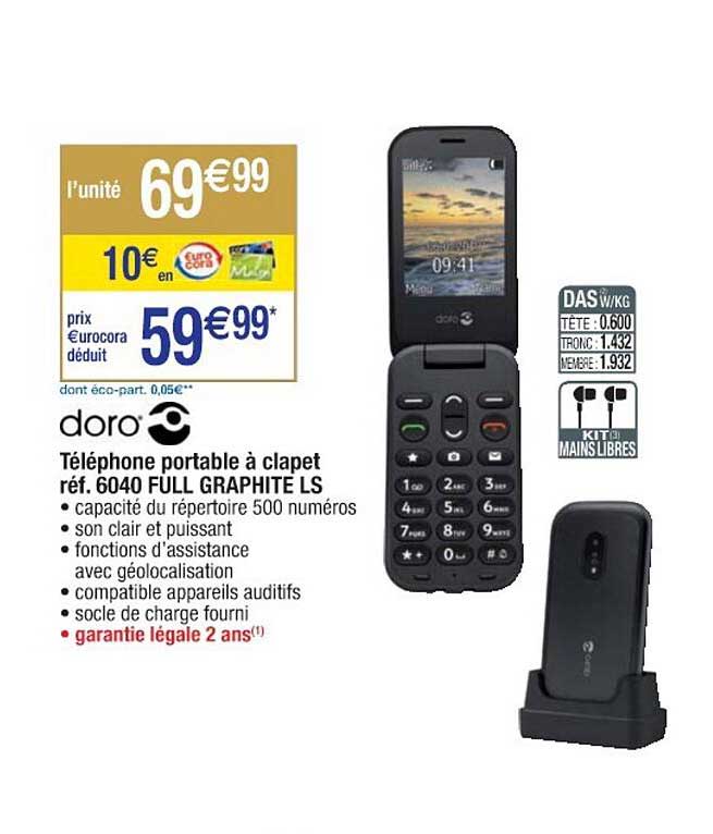 téléphone portable à clapet doro réf. 6040 full graphite ls