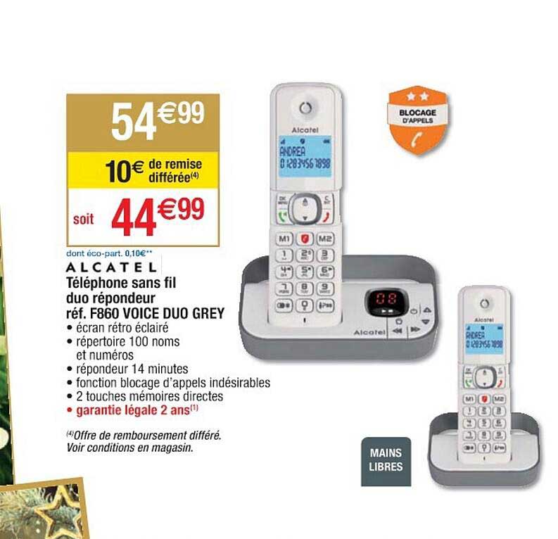 téléphone sans fil duo répondeur alcatel réf. f860 voice duo grey