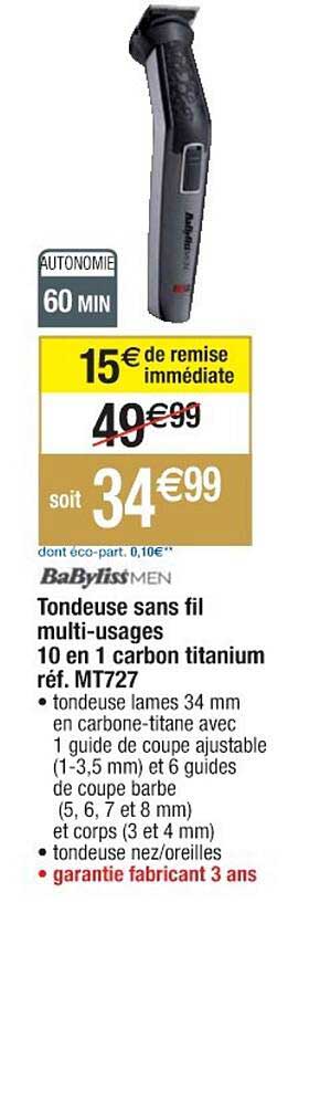 tondeuse sans fil multi-usages 10 en 1 carbon titanium babyliss réf. mt727