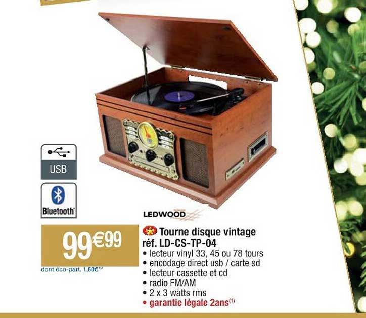 tourne disque vintage ledwood réf. ld-cs-tp-04
