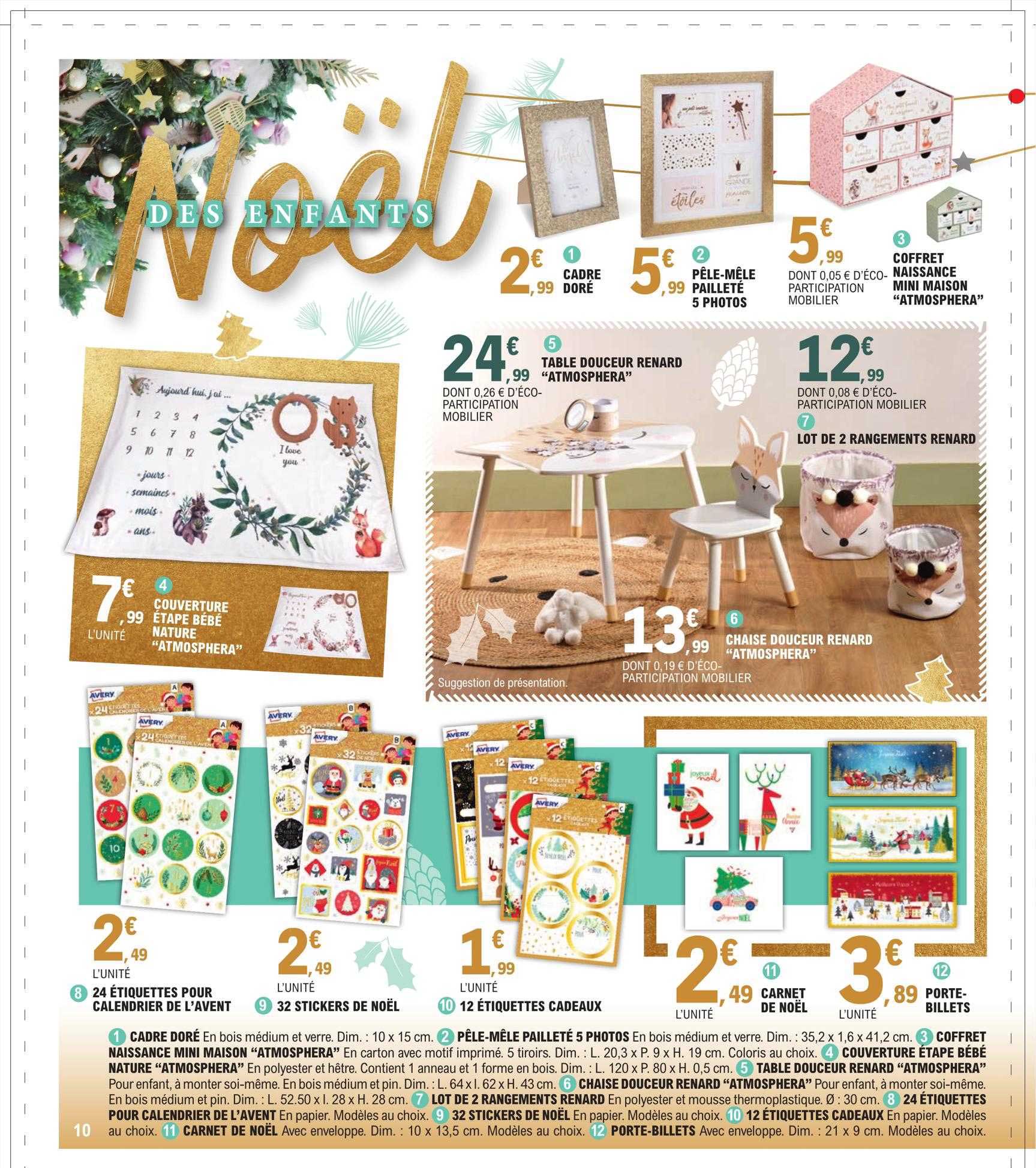 cadre dorée, pêle-mêle pailleté 5 photos, coffret naissance mini maison "atmosphera", table douceur renard "atmosphera", lot de 2 rangements renard, chaise douceur renard "atmosphera"