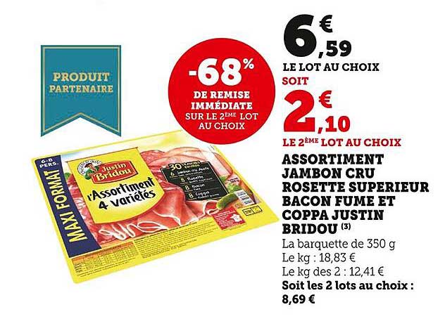 assortiment jambon cru rosette supérieur bacon fumé et coppa justin bridou