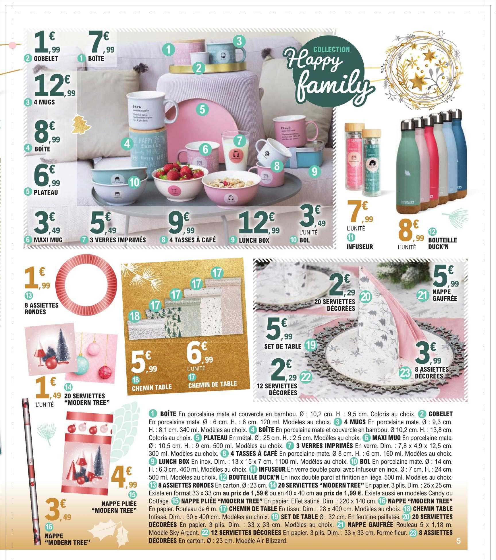 boîte, gobelet, 4 mugs, boîte, plateau, maxi mug, 3 verres imprimés, 4 tasses à café, lunch box, bol, infuseur, bouteille duck'n, 8 assiettes rondes, 20 serviettes "modern tree", nappe pliée