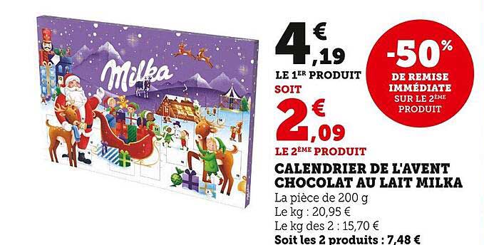 calendrier de l'avent chocolat au lait milka