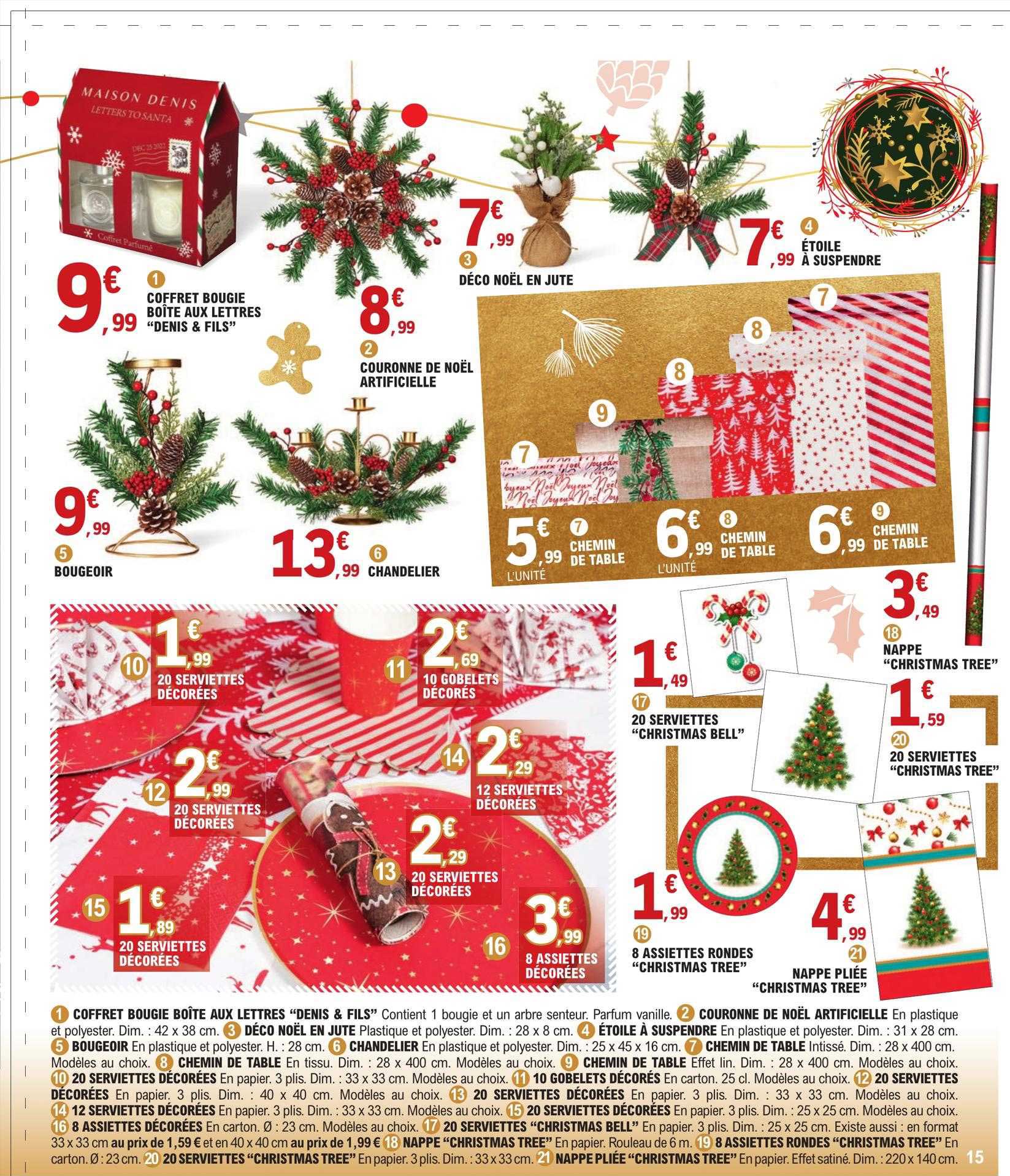 coffret bougie boîtes aux lettres "denis & fils", couronne de noël artificielle, déco noël en jute, étoile à suspendre, bougeoire, chandelier, 20 serviettes "christmas bell", nappe "christmas tree"
