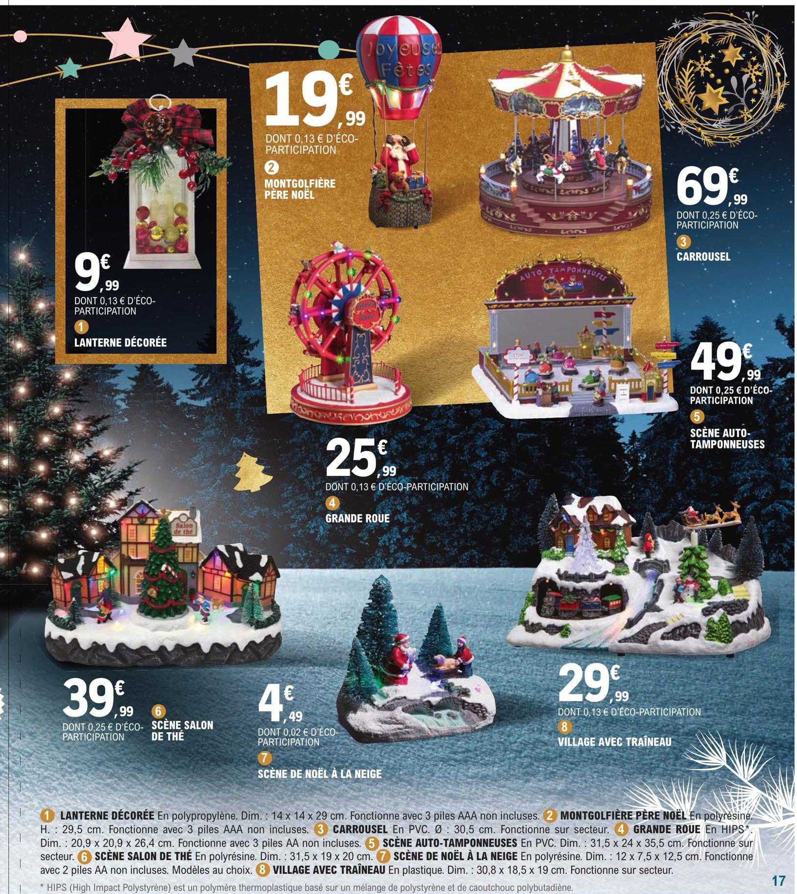 lanterne décorée, montgolfière père noël, carrousel, grande roue, scène auto-temponneuse, scène salon de thé, scène de noël à la neige, village avec traîneau,