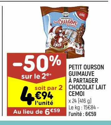 petit ourson guimauve à partager chocolat lait cémoi
