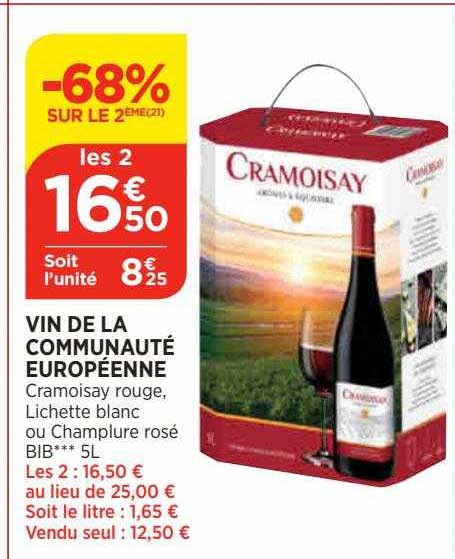 vin de la communauté européenne cramoisay rouge, lichette blanc ou champlure rosé bib