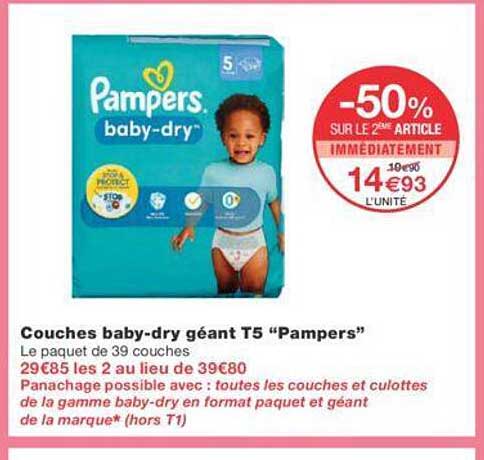 -50% sur le 2éme article couches baby-dry géan t5 "pampers"