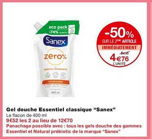 -50% sur le 2éme article gel douche essentiel classique "sanex"