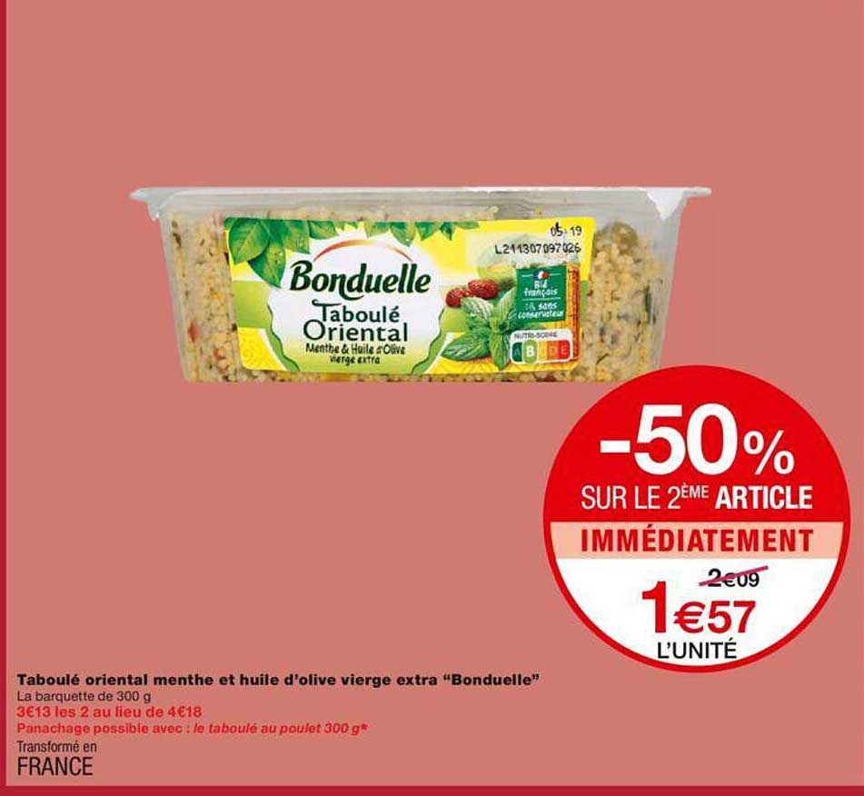 -50% sur le 2éme article taboulé oriental menthe et huile d'olive vierge extra "bonduelle"