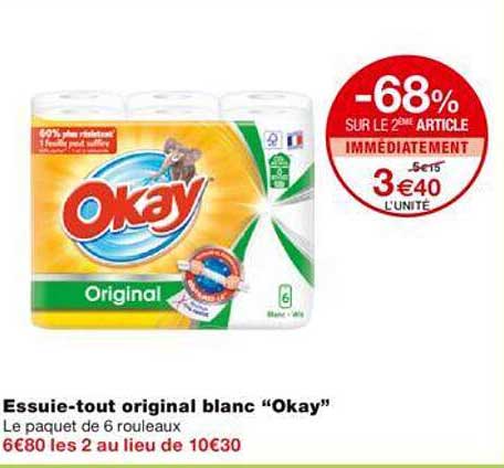 -68% sur le 2éme article essuie-tout original blanc "okay"