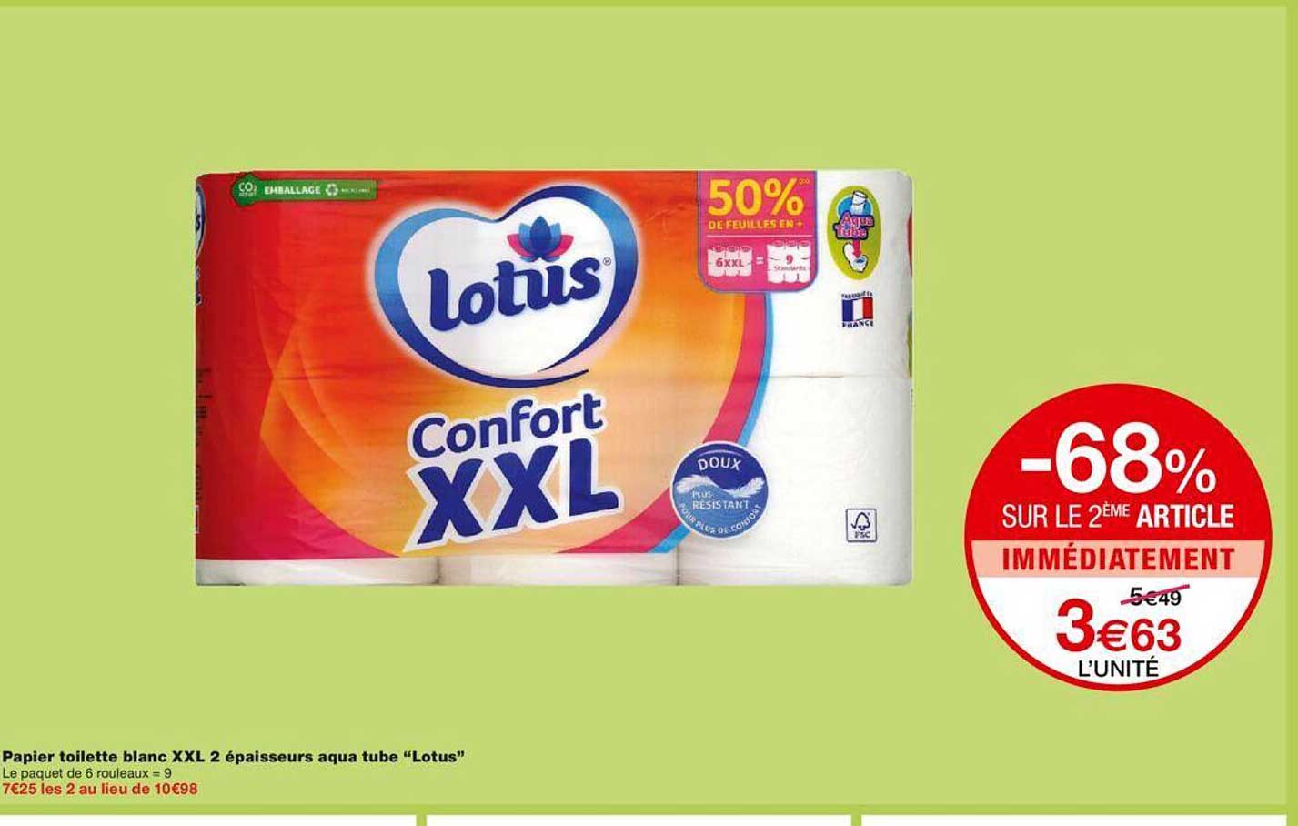 -68% sur le 2éme article papier toilette xxl 2 épaisseurs aqua tube "lotus"