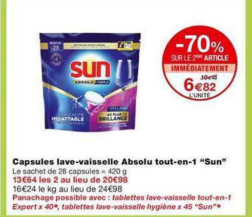 -70% sur le 2éme article capsules lave-vaisselle absolut tout-en-1 "sun"