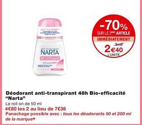 -70% sur le 2éme article déodorant anti-transpirant 48h bio-efficacité "narta"