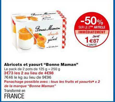abricots et yaourt "bonne maman" -50% sur le 2ème article
