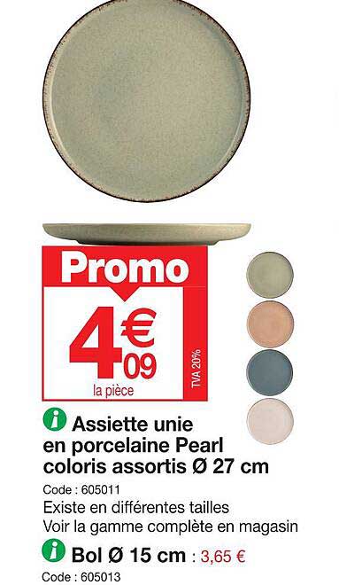 assiette unie en porcelaine pearl coloris assortis ø 27cm