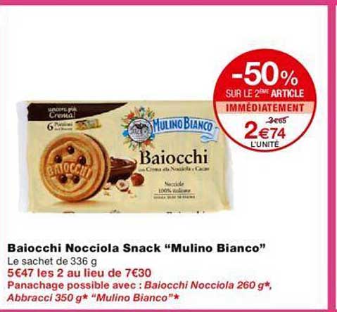 baiocchi nocciola snack "mulino bianco" -50% sur le 2ème article