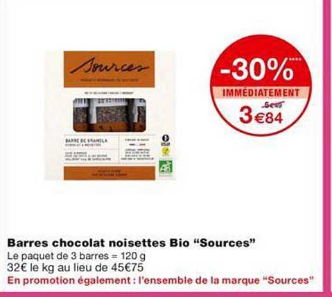 barres chocolat noisettes bio "sources"