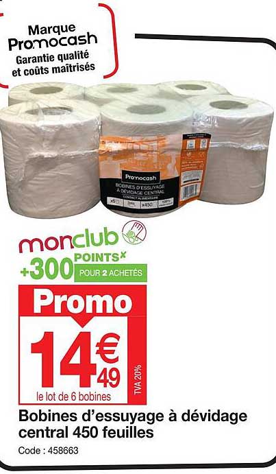 bobines d'essuyage à dévidage central 450 feuilles