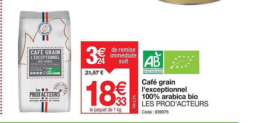 Café Grain L'exceptionnel 100% Arabica Bio Les Prod'acteurs