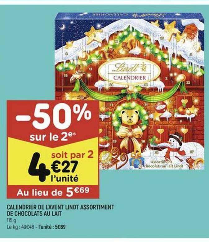 calendrier de l'avent lindt assortiment de chocolats au lait