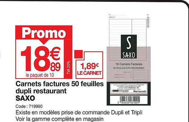 carnets factures 50 feuilles dupli restaurant saxo